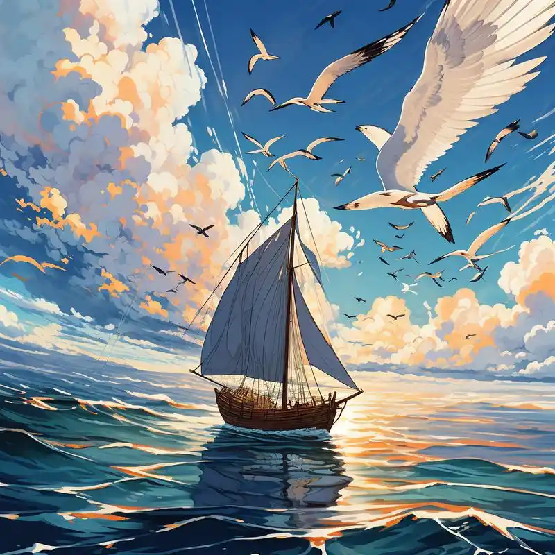 这幅插画展现了帆船在海面顺风航行的壮丽景象,仿佛能感受到海风拂面