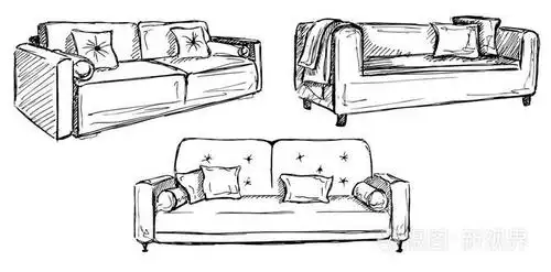 孤立在白色背景上的三个沙发.在素描风格的矢量图