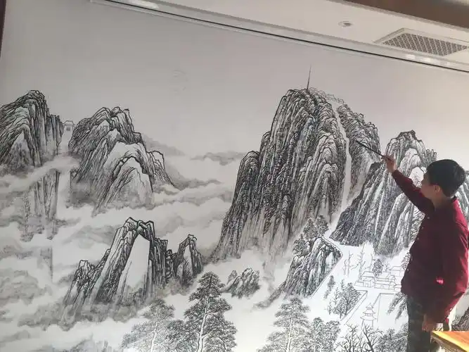 袁为健巨幅山水画墙绘创作