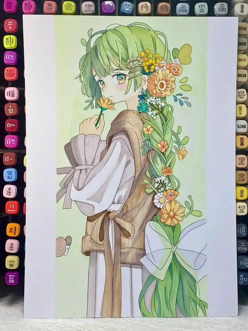 马克笔手绘动漫人物 长发女孩