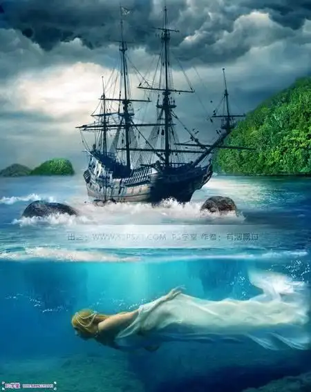 ps教程 照片合成本教程用到的素材比较多,有海面,天空,岛屿,石头,波浪