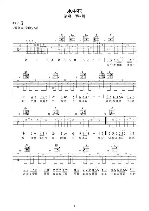 扫弦弹唱完整版《水中花》吉他谱 - c调 - 初级六线谱 - 易谱库
