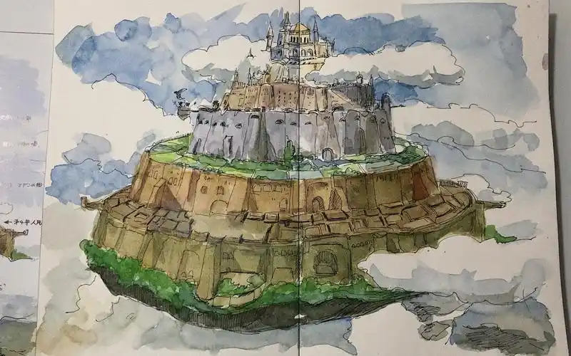 乔乔生临摹宫崎骏天空之城手稿水彩过程