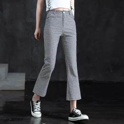 夏季女裤七分裤直筒格子显瘦裤子高腰女高喇叭裤休闲裤