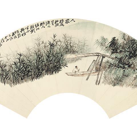 张大千独坐轻舟国画扇面山水真迹复制画版画高清中式装饰画