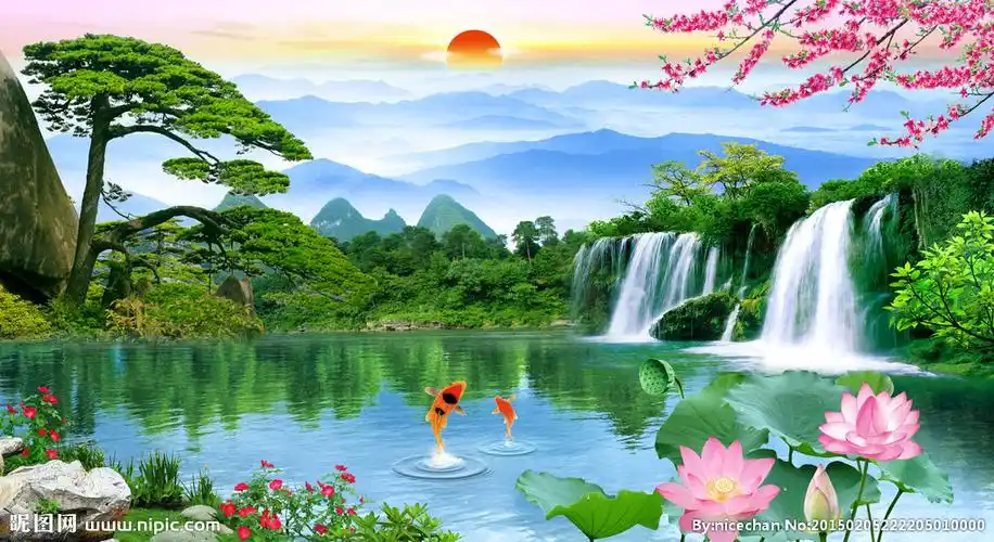 流水生财旭日东升图片