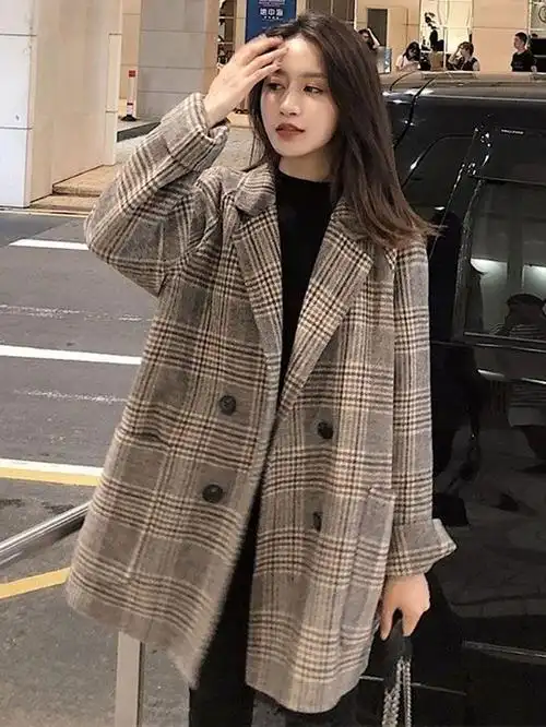 冬季新款宽松格子毛呢西装外套打底毛衣小脚牛仔裤时尚套装三件套