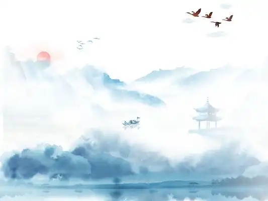 蓝色手绘水墨风古风山水山云清明节元素png素材