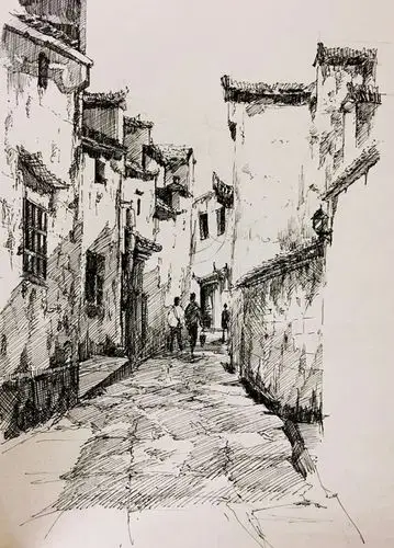 曾哥钢笔速写小巷步骤图