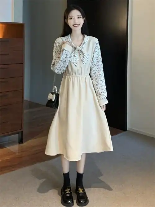 2023秋季新款斜纹磨毛高贵冷两件组收腰连衣裙女中长款淑女裙子女