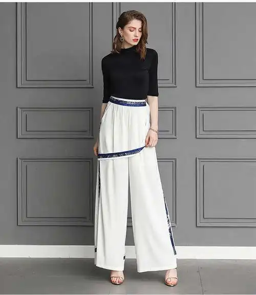 voa桑蚕丝阔腿裤白色自然腰简约通勤ol风显瘦丝绸女真丝长裤