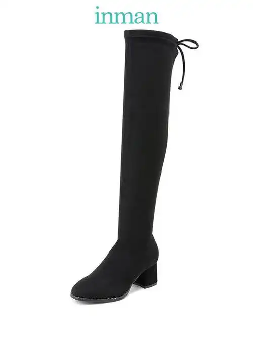 茵曼靴子女2019秋冬新款高筒靴女过膝新款韩版显瘦高跟系带长筒靴