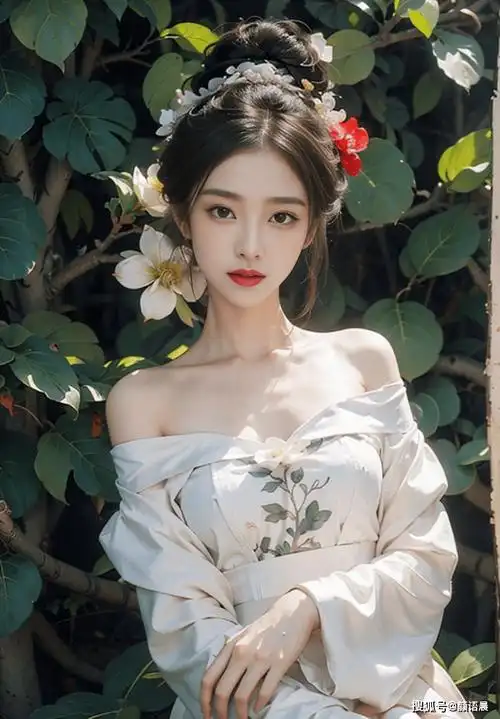 高清美女壁纸:古风美女穿越时空的魅力,一字肩印花汉服的优雅_丛林