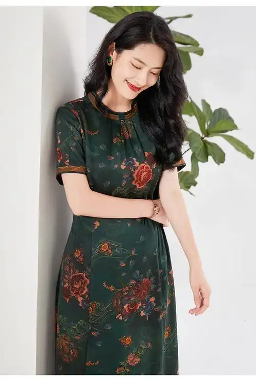 乔万尼香云纱真丝连衣裙2022年新款19mm珍珠缎商场同款碧水牡丹16084