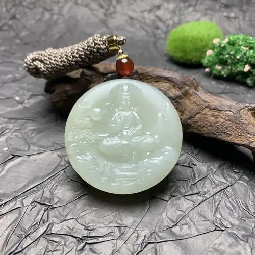天然新疆和田玉玉石吊坠和田玉观音圆玉牌男士挂件配饰批发