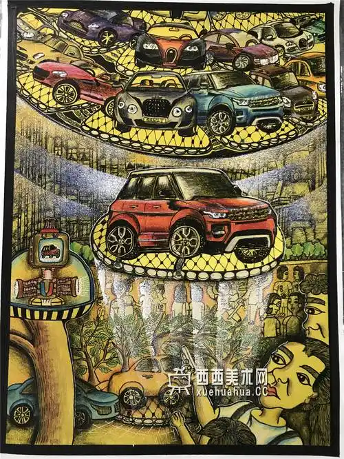 优秀一等奖获奖科幻画《空中磁悬浮停车场》