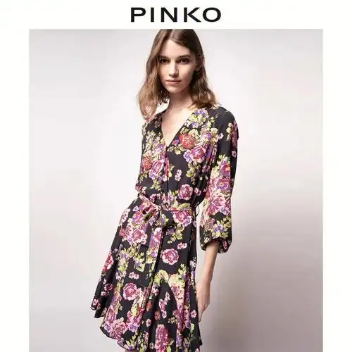pinko女装玫瑰印花v领灯笼袖连衣裙