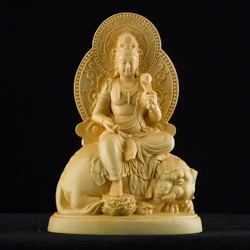 黄杨木实木文殊普贤菩萨佛像摆件木雕开智慧本命佛护身雕刻工艺品