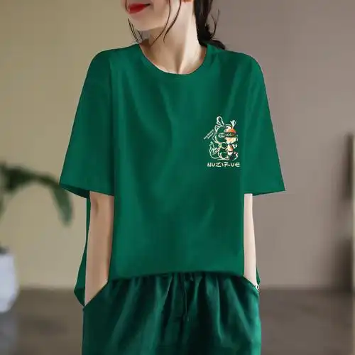 6172女士白t衣服白色文艺休闲体恤圆领夏装百搭宽松短袖t恤女夏 - 17