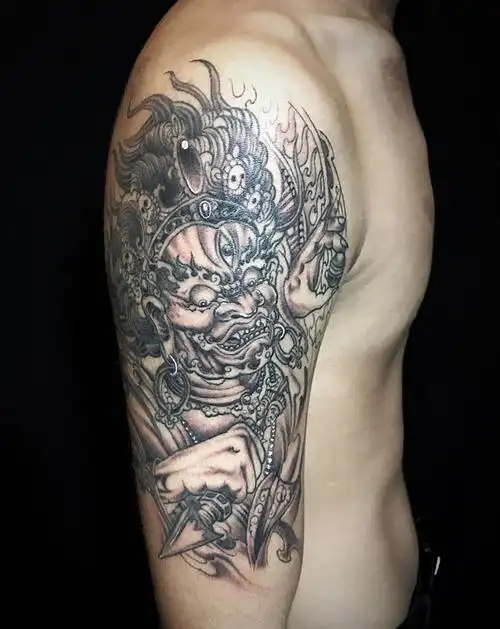 大黑天财神纹身图片肩部手臂新传统财神纹身图案