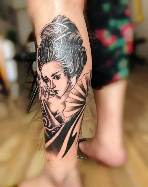 小腿艺妓纹身图片腿部新传统老传统纹身图案