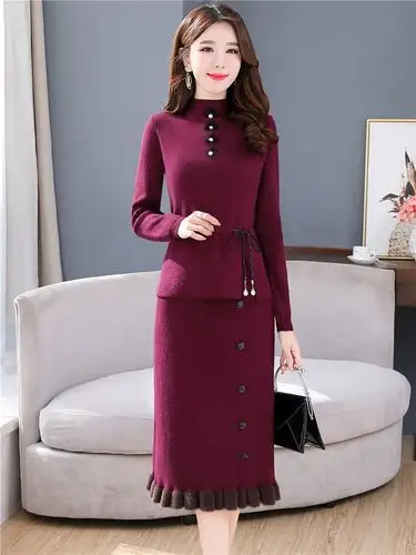 套裙 时髦套装 冬季 修身显瘦_针织两件套连衣裙女韩版时髦套装裙子