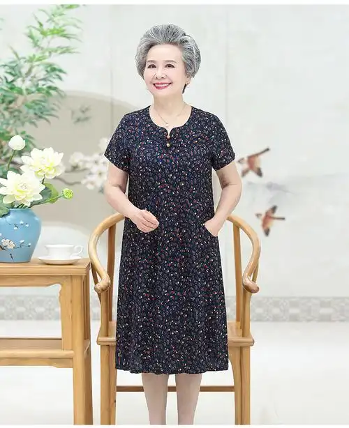 70岁老人家穿的裙子老奶奶老太太中老年人夏装绵绸连衣裙60妈妈过膝中