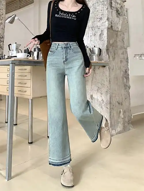 实拍浅蓝色高腰牛仔裤女夏季小个子宽松垂感直筒裤复古九分阔腿