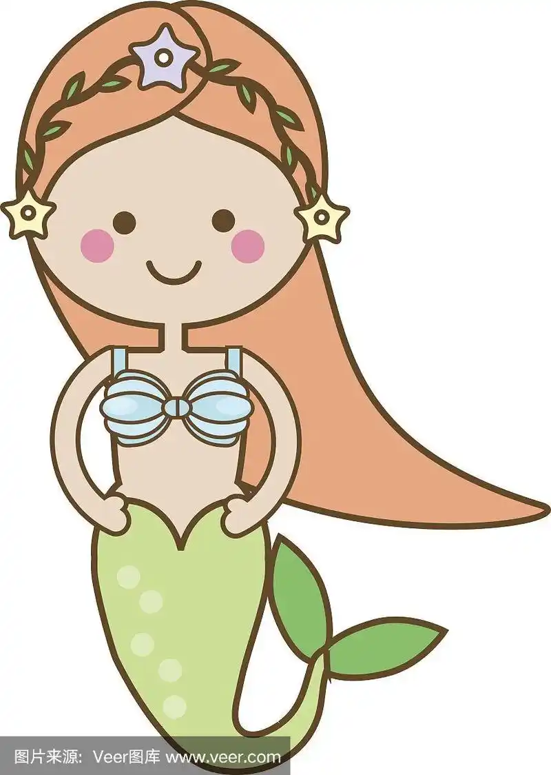 可爱的美人鱼卡通风格的角色.矢量图