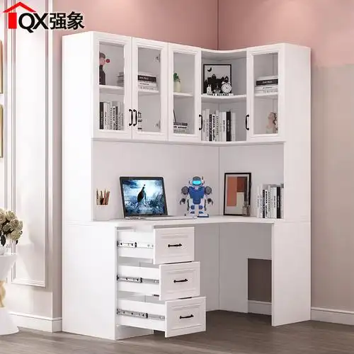 简约转角书桌书架组合书柜一体整墙书房柜台式电脑桌可定制fl21