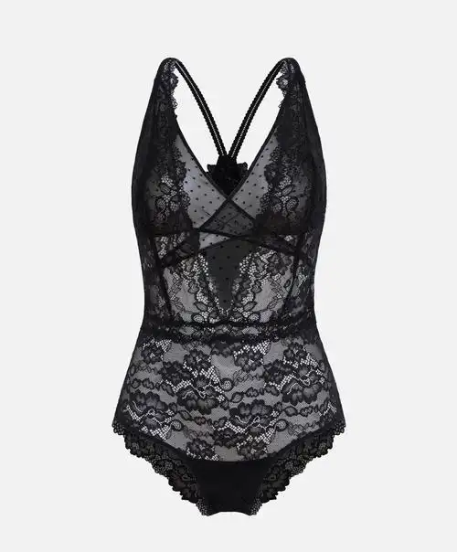 oysho 黑色薄纱蕾丝吊带无胸垫无钢圈连体衣内衣 35399345800