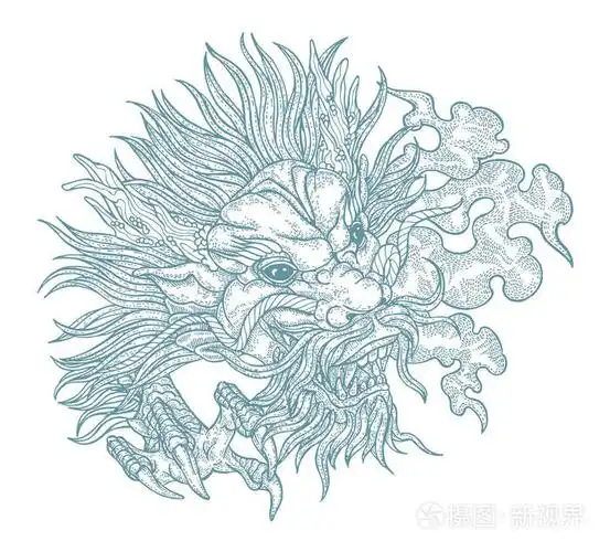 手绘亚洲龙头.矢量插画传统中国龙面具.版画的详细设计