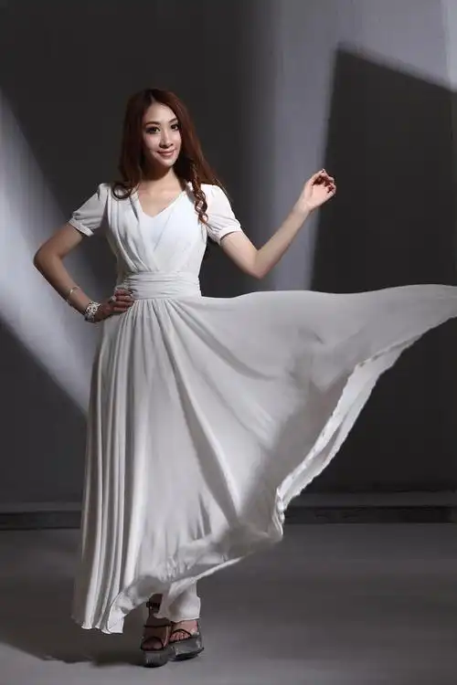 帝弗润驰2013夏装新款短袖长裙白色雪纺连衣裙长裙大摆长款