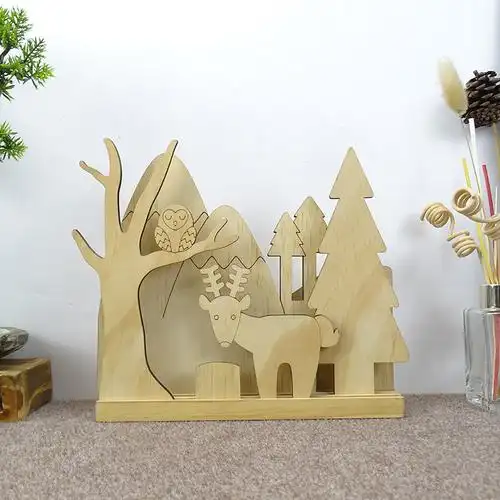 木制工艺品森林小鹿桌面摆件木质自由插片创意场景布置儿童拼图