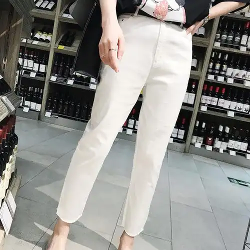2019春季新款显瘦白色牛仔裤港味九分直筒裤子时尚百搭直筒小脚裤