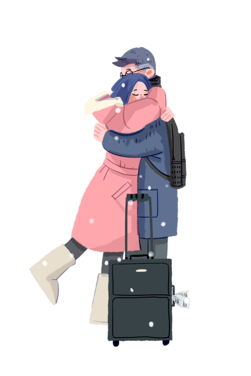 雪天温馨情侣拥抱团聚手绘装饰图案