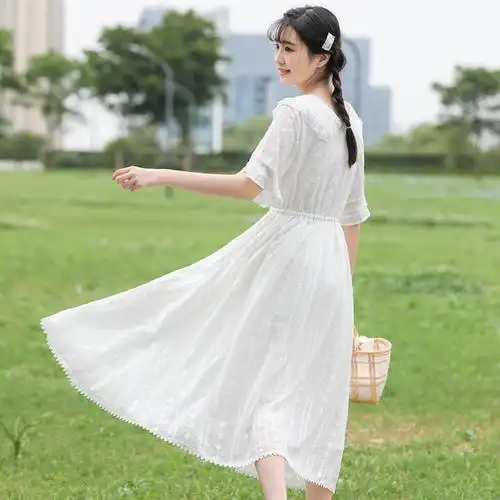 少女白色连衣裙夏季长款高初中学生夏装超仙女大童雪纺长裙子过膝白色