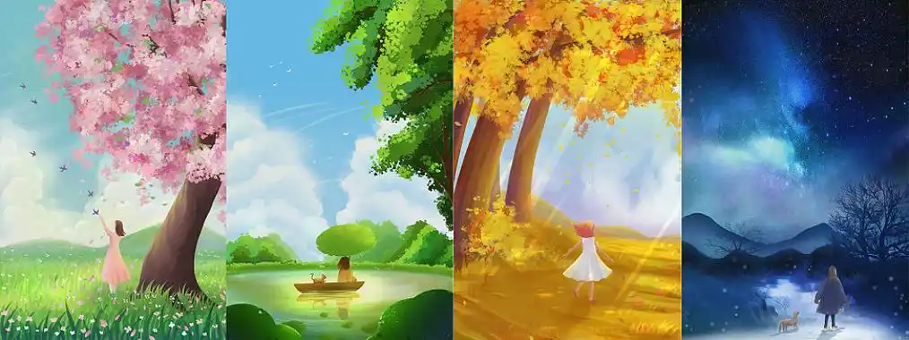 唯美风四季春夏秋冬插画海报插画背景四季插画
