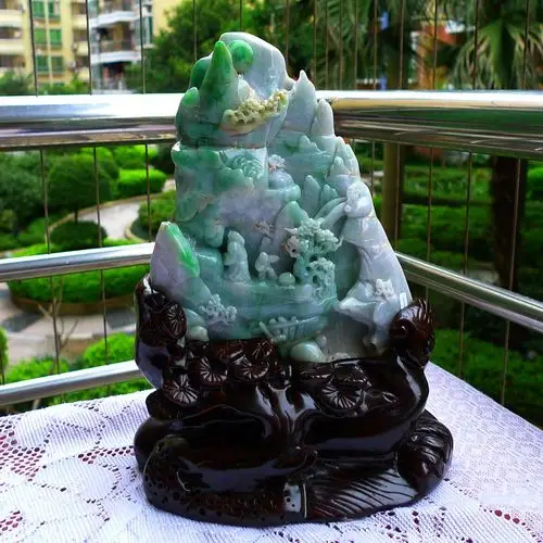 翡翠a货 老种飘绿指日可待山水摆件 1650克