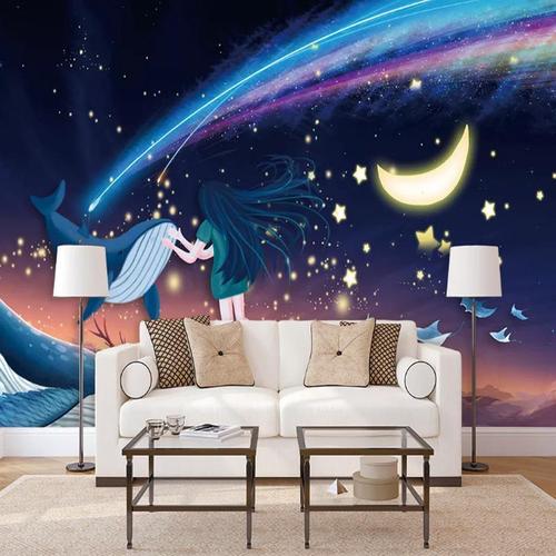 3d立体梦幻星空鲸鱼壁画儿童房女孩卧室床头背景墙布壁纸墙纸卡通