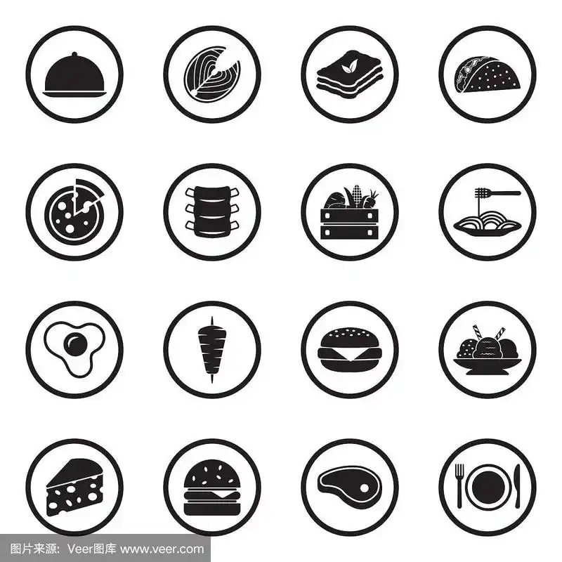 美食图标.圆形的黑色平面设计.矢量插图.