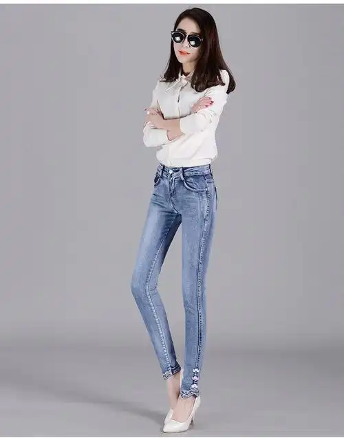 徽苏儿2016春季新款牛仔裤女烫钻图案刺绣铅笔裤修身显瘦弹力小脚裤