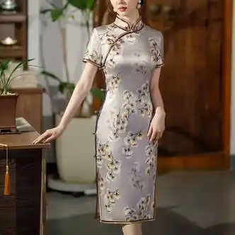 艾上他她真丝桑蚕丝旗袍新款夏日常修身遮肚民国大小姐优雅旗袍女银色