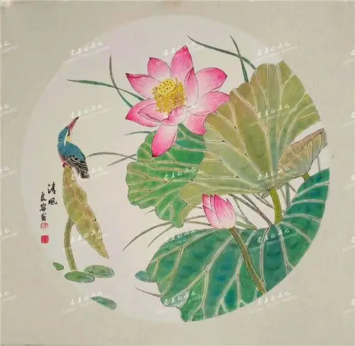 国画赠送佳品花鸟大师之作圆形卡纸手绘 办公室客厅装饰画 礼品