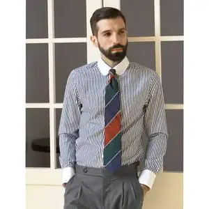 艾比路aw英式经典复古原创牧师扣袢领条纹长绒棉撞色圆领长袖衬衫