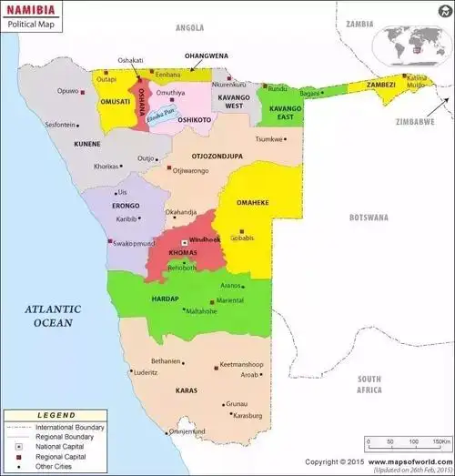 纳米比亚在非洲的位置及该国行政区划
