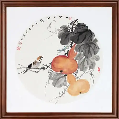 rg0060sh6003斗方手绘长空写意花鸟圆形花鸟国画手绘花鸟圆形带卡纸