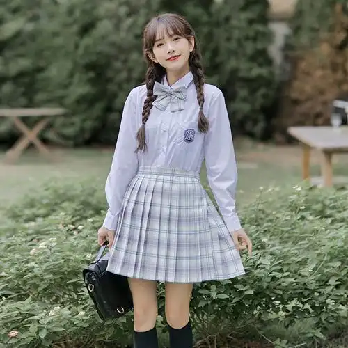 紫灰 长袖jk制服裙套装海盐汽水百褶裙学院风学生制服格子校服女