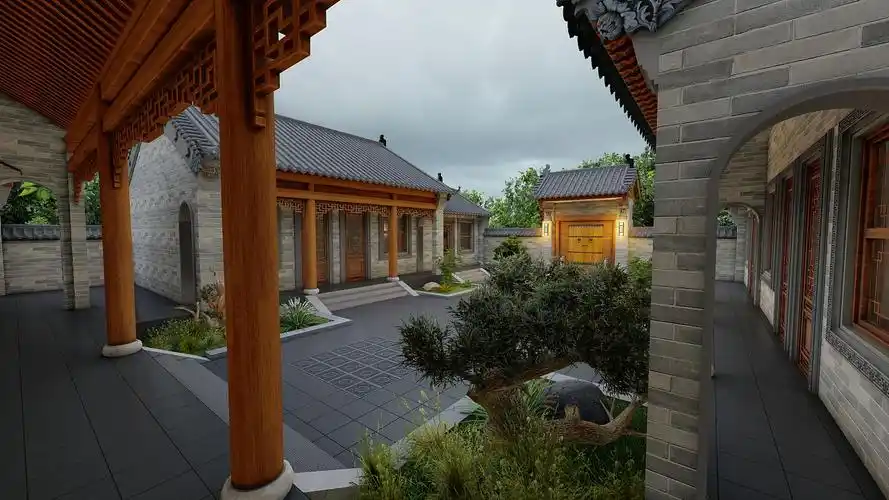 这是一个中国传统的一进四合院,采用新中式建筑材料建设而成,拥有传统