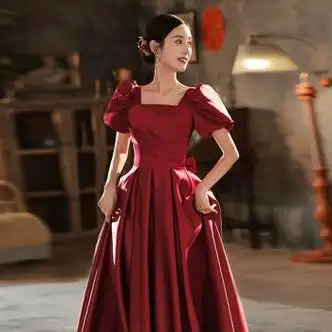 jyze敬酒服新娘感红色在逃公主结婚订婚礼服小个子连衣裙法式缎面酒